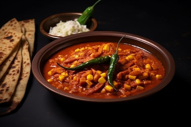 Indian baby corn masala curry prepared in red sauce served with roti naan or indian bread