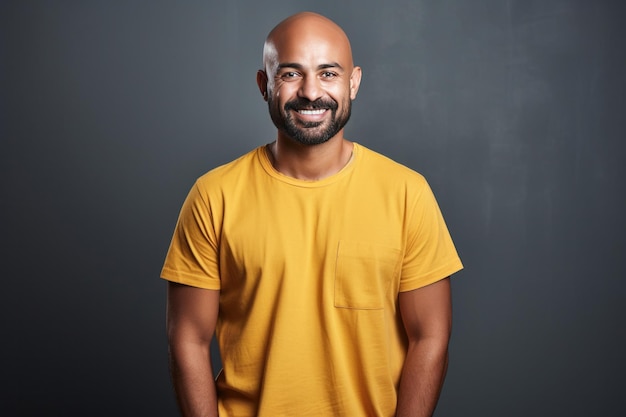 indian bald man standing isolated against plain background