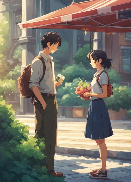 an Indian boy and girl discussing with each other while smiling kindly in a city with anime and cartoon style