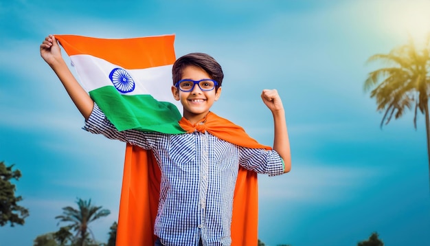 Indian boy wearing glasses showing an Indian flag superhero concept