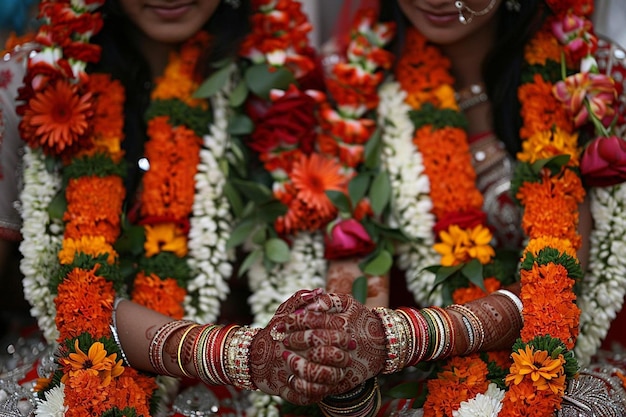 An indian bride and groom holding their hands during a hindu wedding