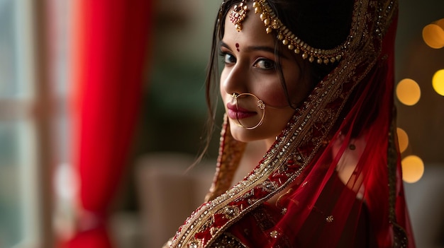 Indian bride portrait in traditional red sari costumes and jewelry Generated with AI