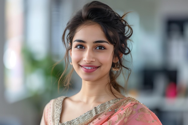 Indian business woman wearing a sari working in the office