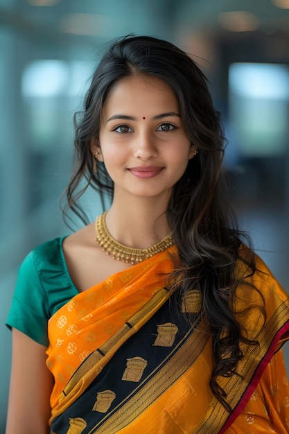 Indian business woman wearing a sari working in the office