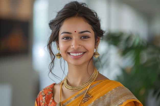 Indian business woman wearing a sari working in the office