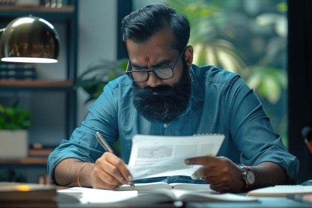 Indian businessman accounting at office desk