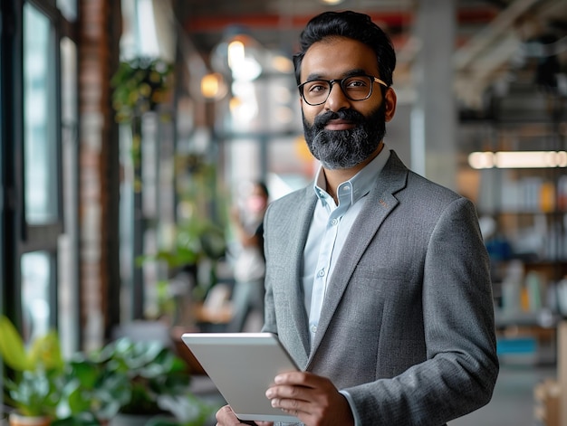 Photo indian businessman holding digital tablet in modern office