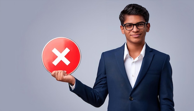 Photo indian businessman holding wrong or stop icon with happy expression