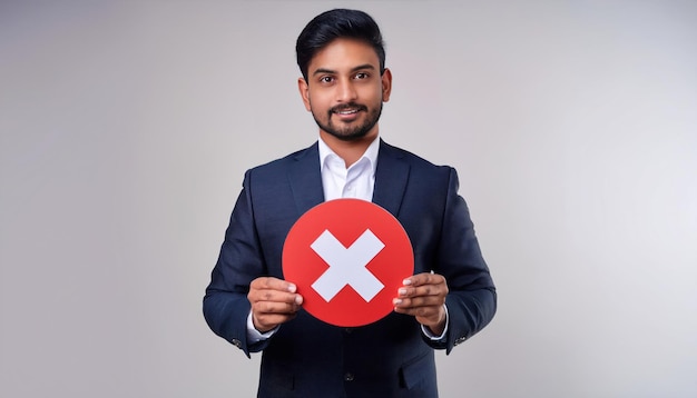 Photo indian businessman holding wrong or stop icon with happy expression