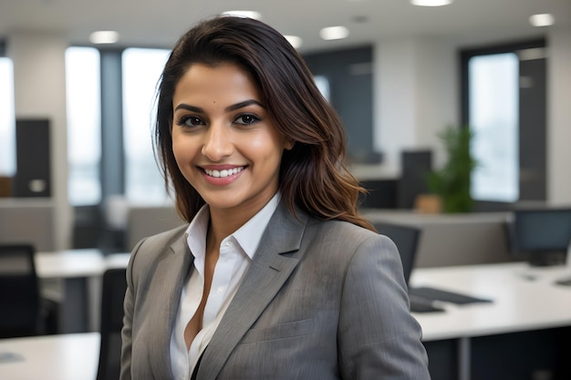 An Indian businesswoman stands in her office and smiles at the camera