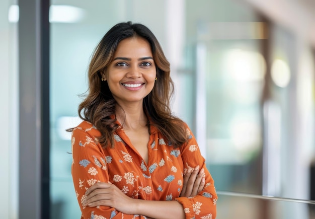 Indian businesswoman stands in an office smiling with her arms crossed and wearing professional