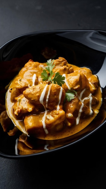 Indian butter chicken in black bowl on black background