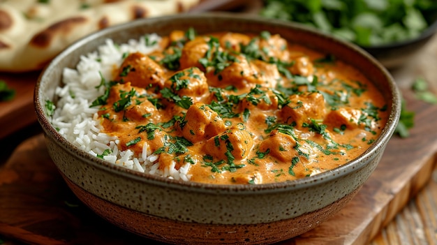 Indian Butter Chicken with basmati rice and naan bread