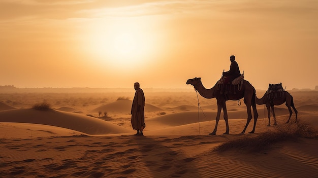 Indian camel driver bedouin with camel silhouettes in sand dunes of Thar desert on sunset