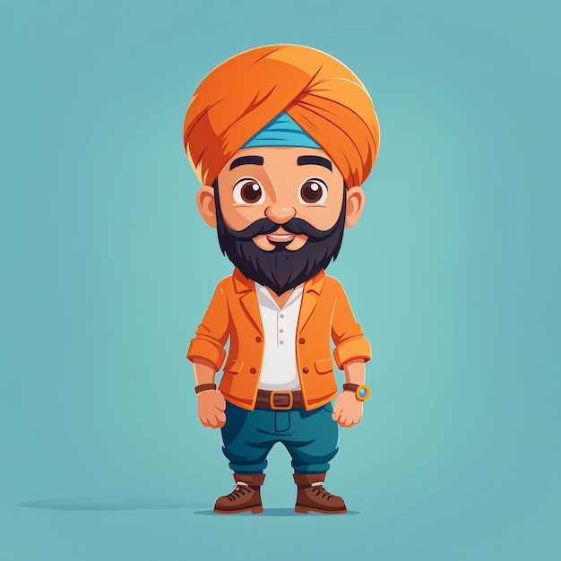 Indian Cartoon Character With Turban And Orange Shirt Vector Illustration