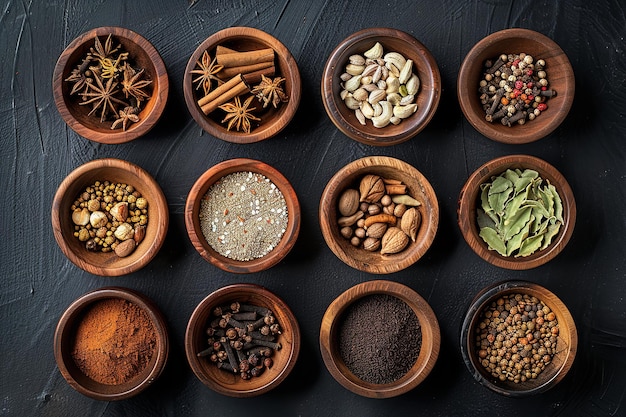 Photo indian chai spices in a variety top view within the wooden bowls distinct bowls with different masalas generative ai