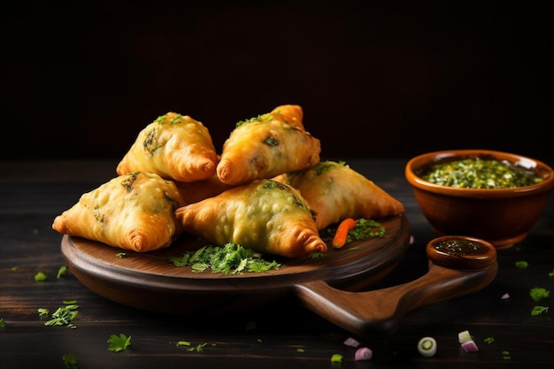 Photo indian chicken samosa with restaurant table butter and garlic bread on dark patty background