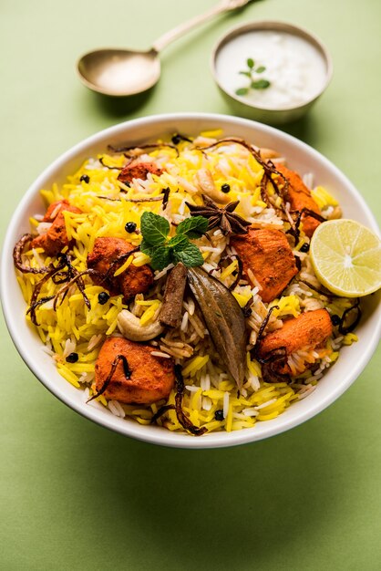 Indian Chicken Tikka Biriyani served in a bowl with yogurt. selective focus