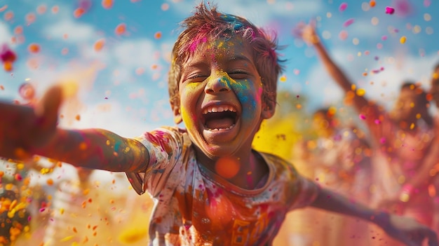 Photo an indian child celebrating holi throwing colorful powder