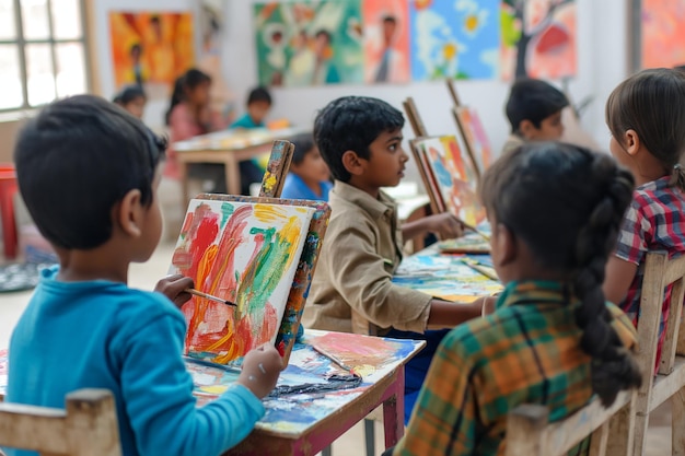 Indian children engaged in art class activities