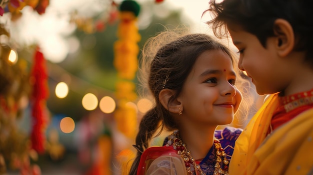 Indian children smiling and dressed in festive clothing outdoors