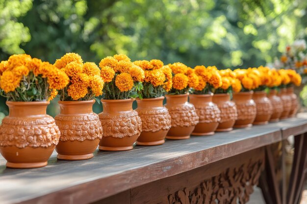 Photo indian clay pot with flowers and grains on table traditional religious scene