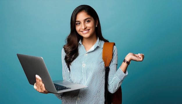 Indian college student holds a laptop and shows her hand