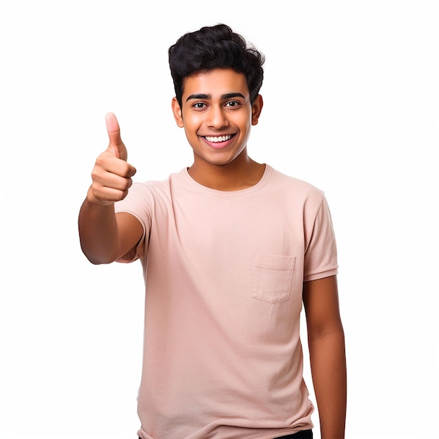 Indian college student raising hand thumb portrait image