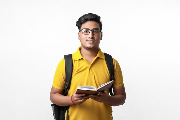 Indian college student standing with bag and reading book over white background.