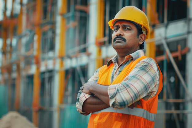 Indian construction site manager in safety gear thinking at site