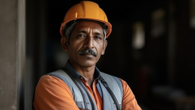 indian construction site manager standing with folded arms wearing safety vest and helmet thinking a