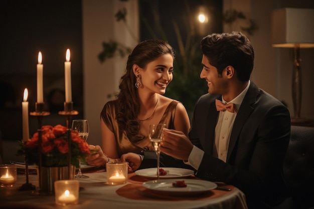 Indian couple enjoying candle light dinner at restaurant