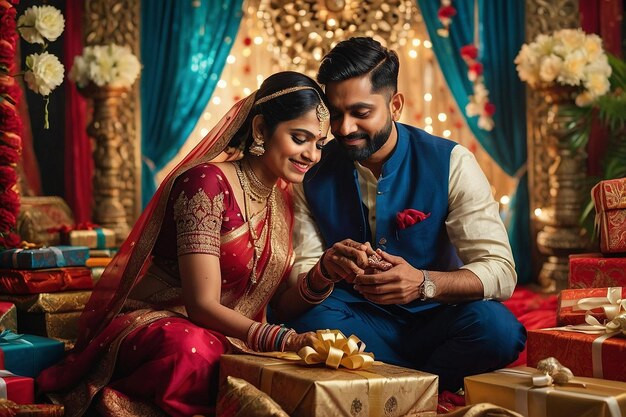 An Indian couple surrounded by traditional decor eager