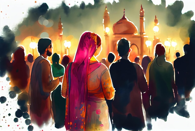 Indian crowd people in the Diwali the festival of lights in the night with candle lights fireworks and mosque background Generative AI