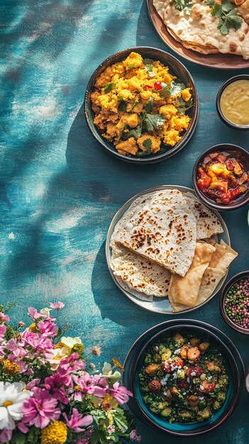 Photo indian cuisine on blue table with food plates