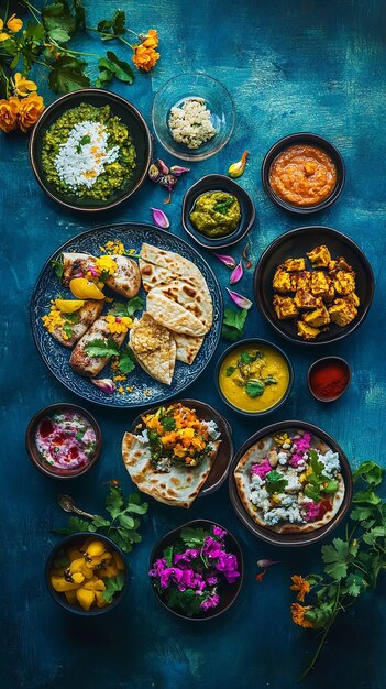 Photo indian cuisine on blue table with food plates