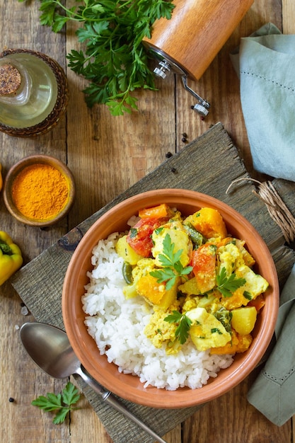 Indian cuisine dish sabji Traditional Indian vegetable stew with soft cheese turmeric and rice