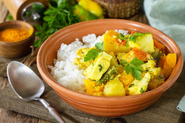 Indian cuisine dish sabji Traditional Indian vegetable stew with soft cheese turmeric and rice