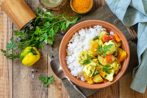 Indian cuisine dish sabji Traditional Indian vegetable stew with soft cheese and turmeric Top view