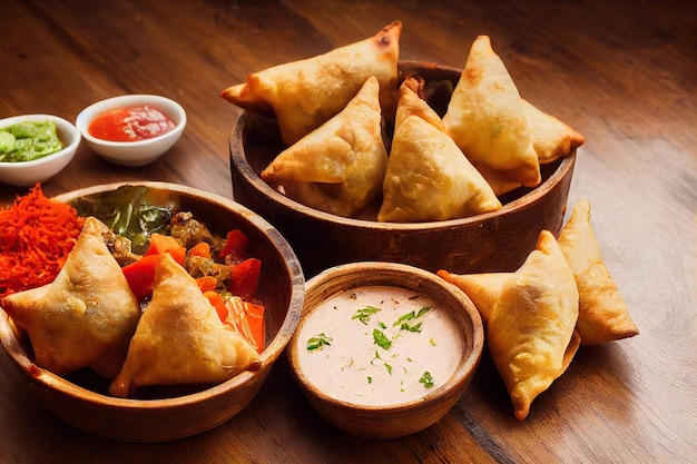 Indian cuisine samsa samosa fried with spices and red sauce on table