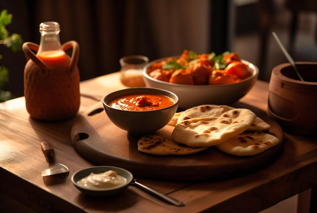 Indian curry sauce and flat bread on wooden table