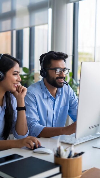 Photo indian customer support team using computers and talking with clients onlinel