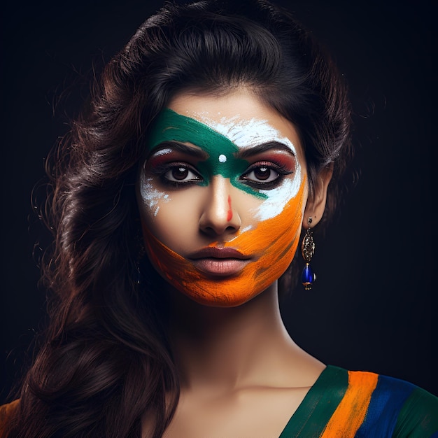 Indian Cute Girl in Indian Traditional Attire face painted with Indian Tricolour Flag