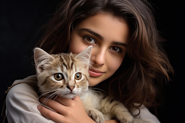 Indian cute girl with cat both looking at camera