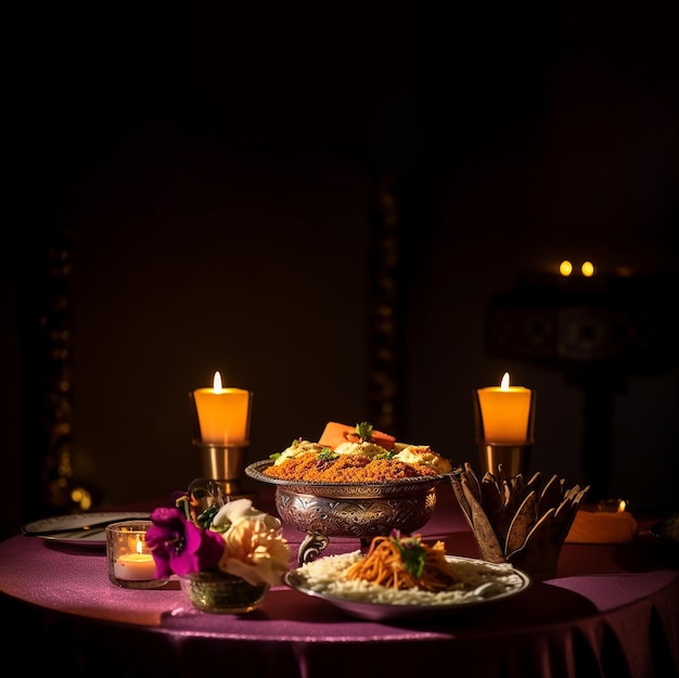 Indian delicious food on beautiful table with candles