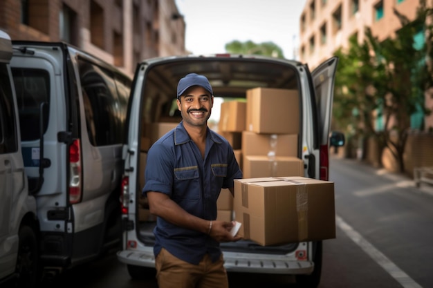 Indian delivery man carrying Boxes from delivery van