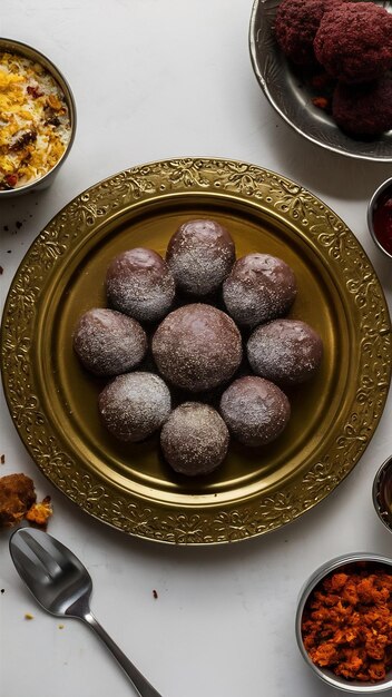 Photo indian dessert food laddu on plate isolated white background