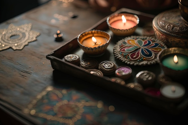 indian diwali festival, burning lamp and candles on table