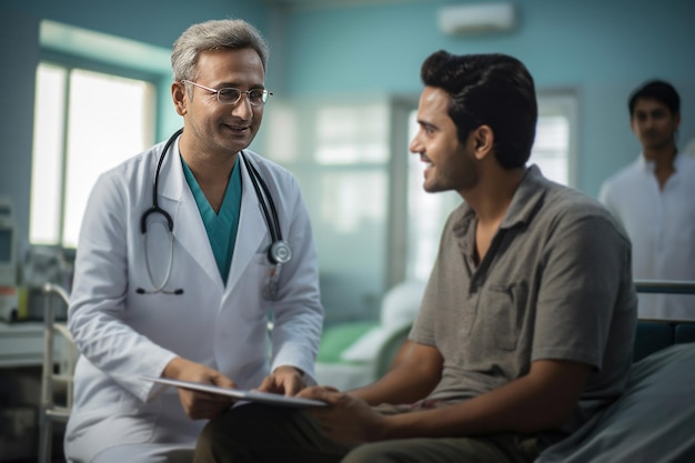 Indian doctor with patient in hospital or clinic