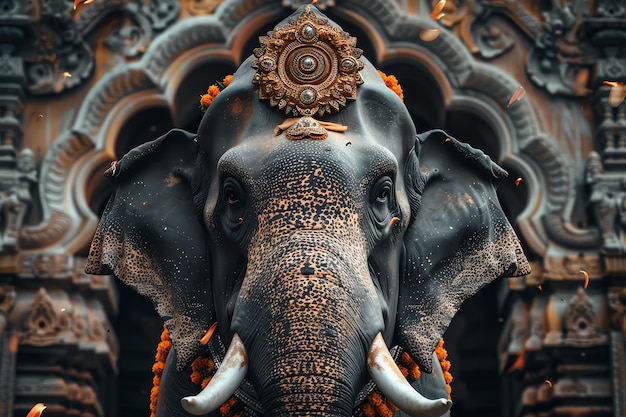 indian elephant with the head and trunk of ivory towers illustration background